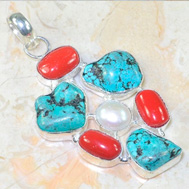 Подвеска из кораллов, бирюзы и жемчуга, серебро 925