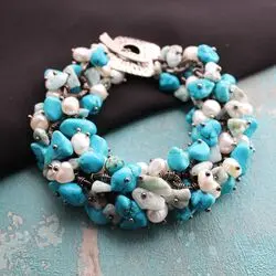 Браслет из голубой бирюзы, ларимара, жемчуга барокко